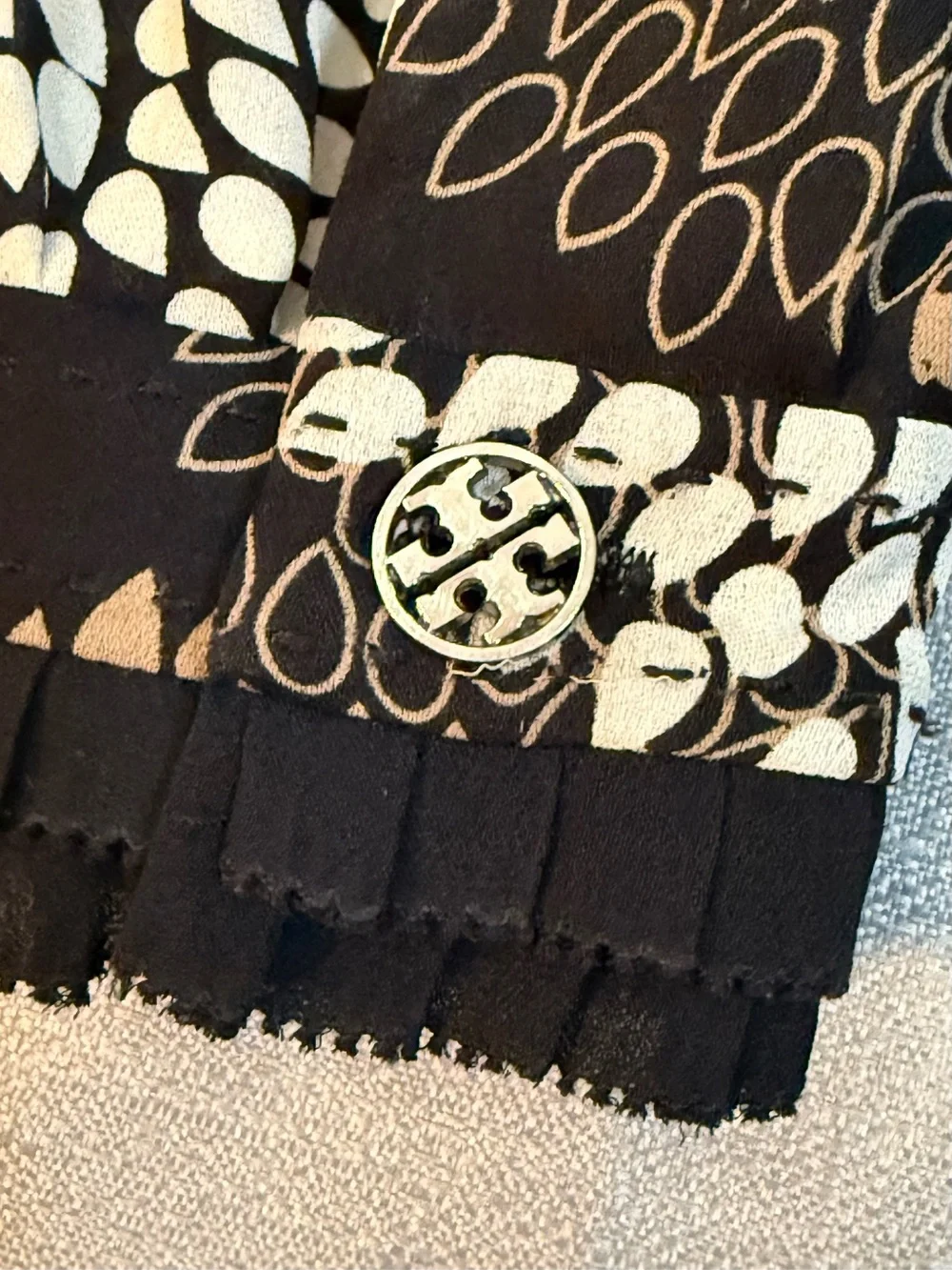 Tory Burch Black Long-Sleeve Henley Top with Taupe & Ivory Floral Medallions